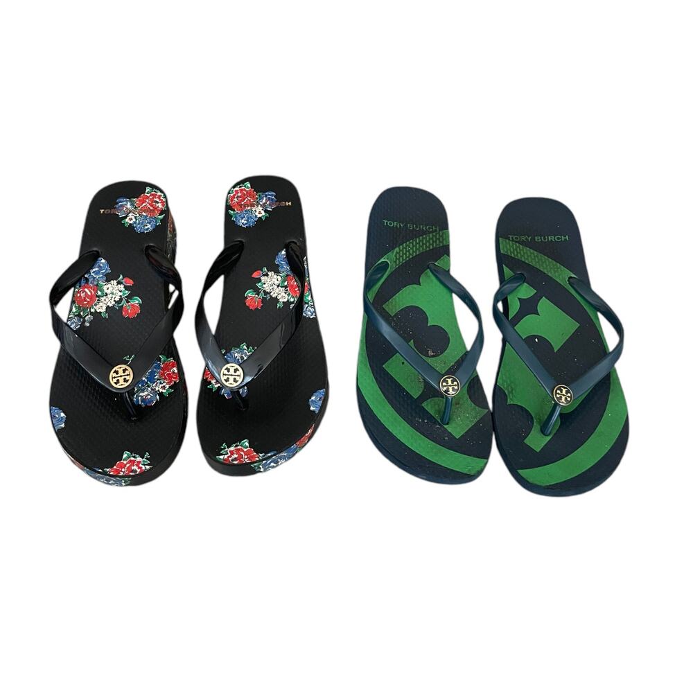 Tory Burch Women's Floral and Logo Flip Flops - Black and Green